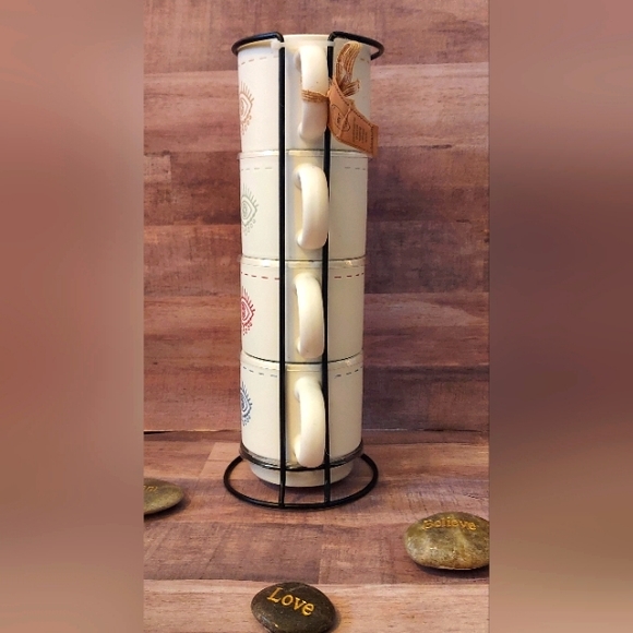 SALE! NWT Boho Evil Eye Set Stackable Coffee Mugs/Tea Cups Metal Organizer Stand - Picture 13 of 16